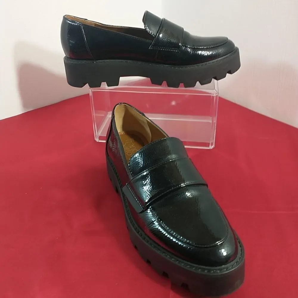 Franco Sarto Shoes Womens Size 8.5M Brindy Black Patent Leather Chunky Loafer.